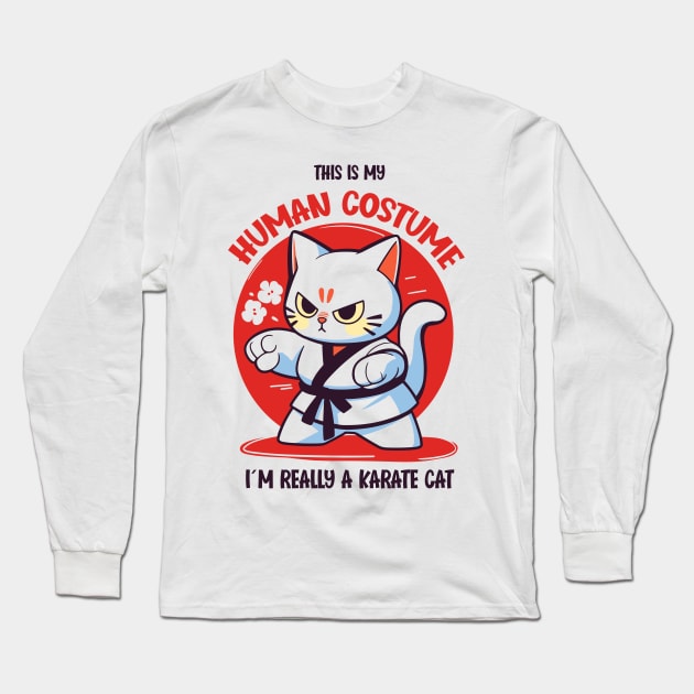 Karate Cat Halloween T-Shirt | This is My Human Costume | Martial Arts Anime Shirt | Manga Style Tee | Cat Lovers Gift Long Sleeve T-Shirt by Indigo Lake